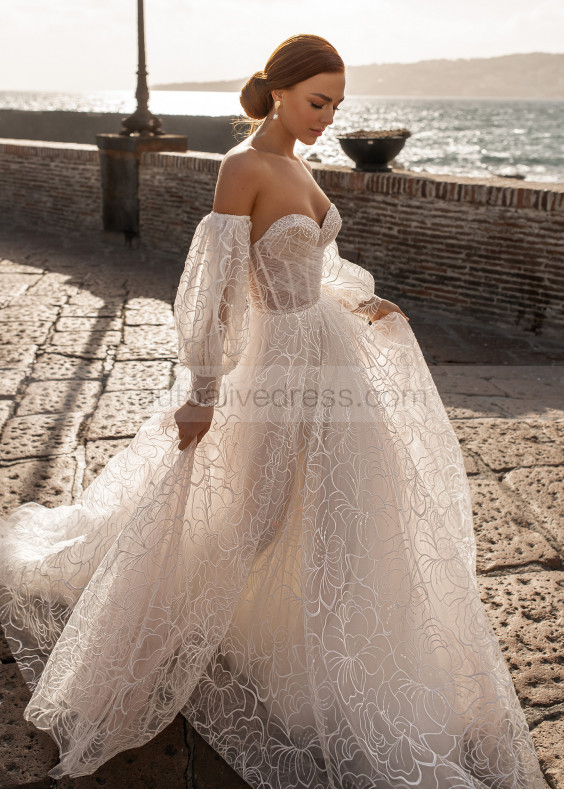 Strapless Beaded Lace Tulle Wedding Dress With Removable Sleeves